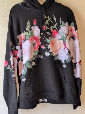 Black Floral Crewneck Hoodie Sweater - Women's
